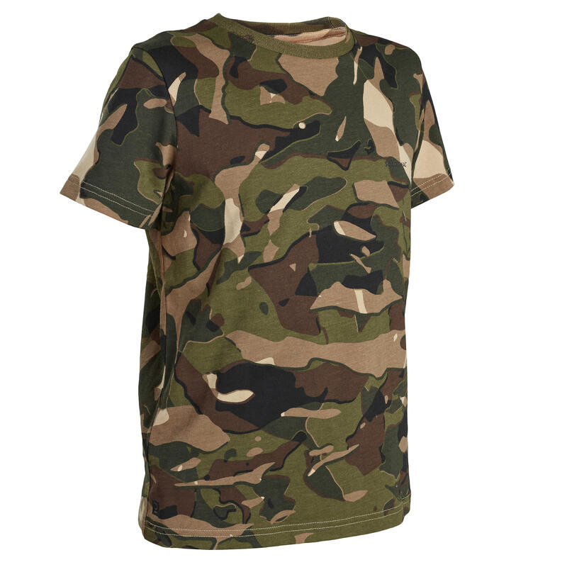 T-Shirt chasse manches courtes 100 junior camouflage woodland vert et marron