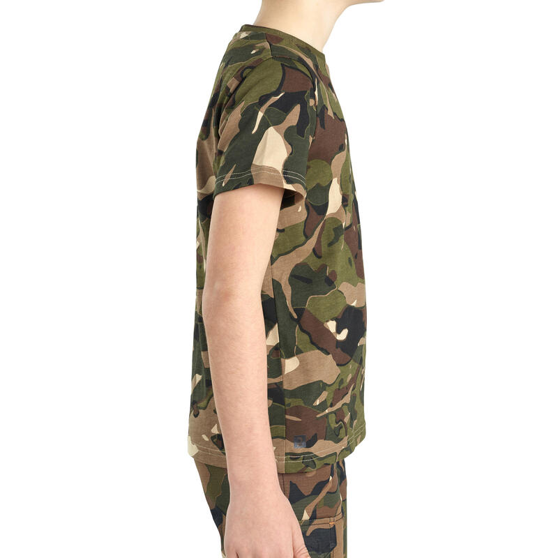 Camiseta Manga Corta Niños Caza Solognac 100 Algodón Camuflaje Militar Verde