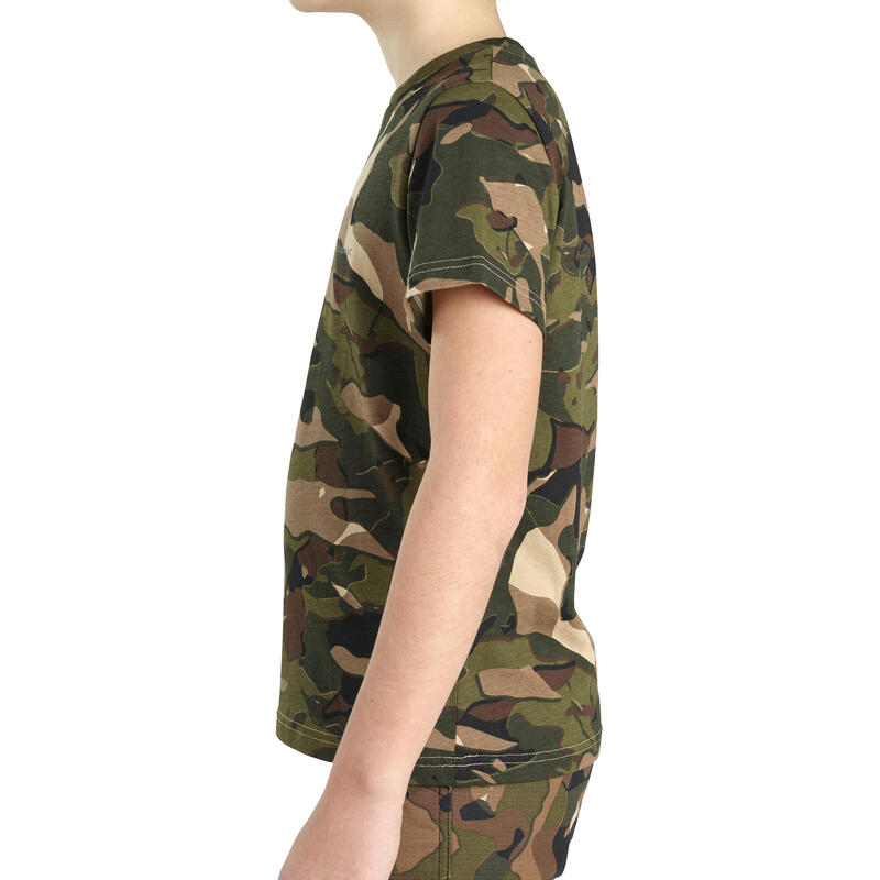 Camiseta Manga Corta Niños Caza Solognac 100 Algodón Camuflaje Militar Verde