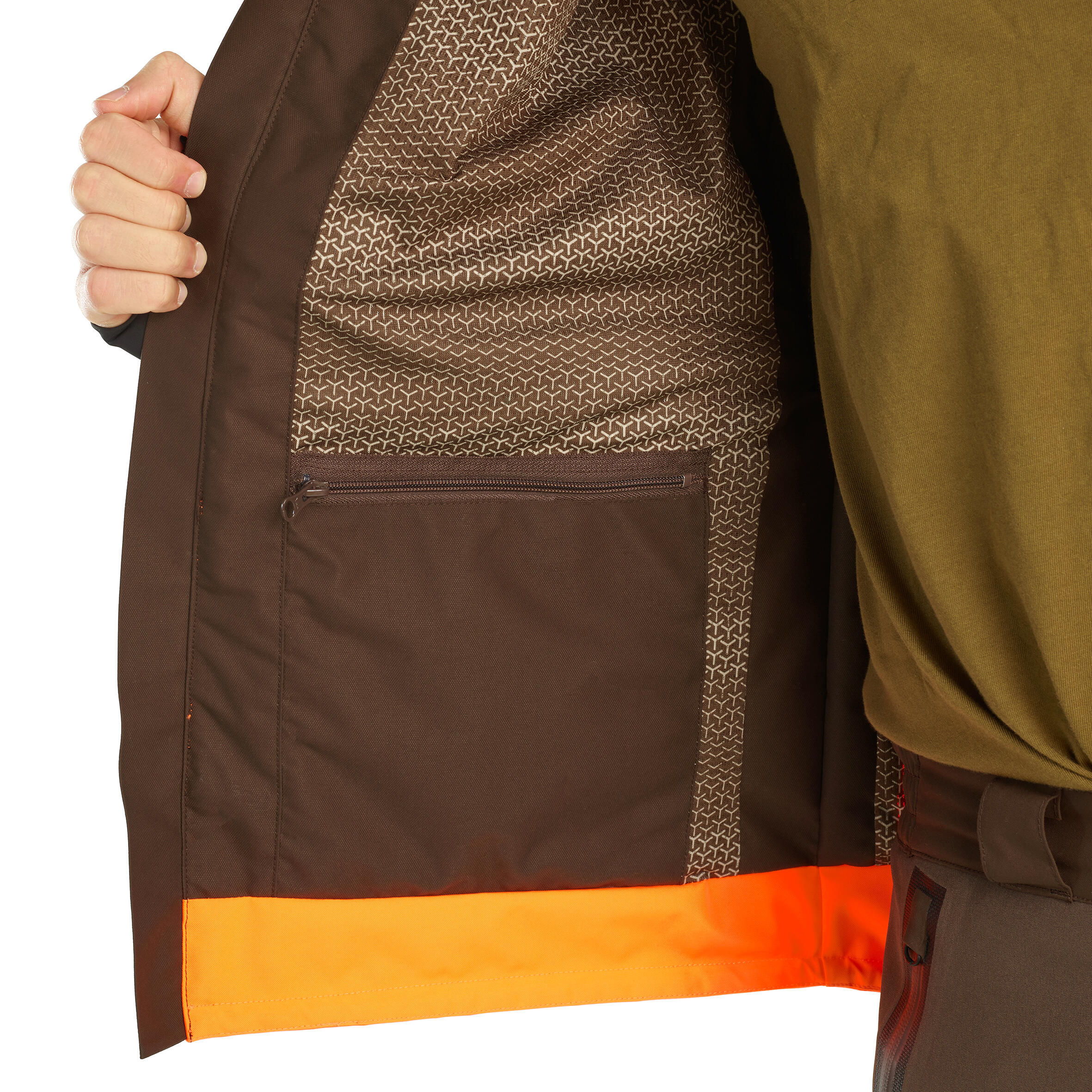 Veste chasse impermeable renfort fluo marron 900 becasse 20/29