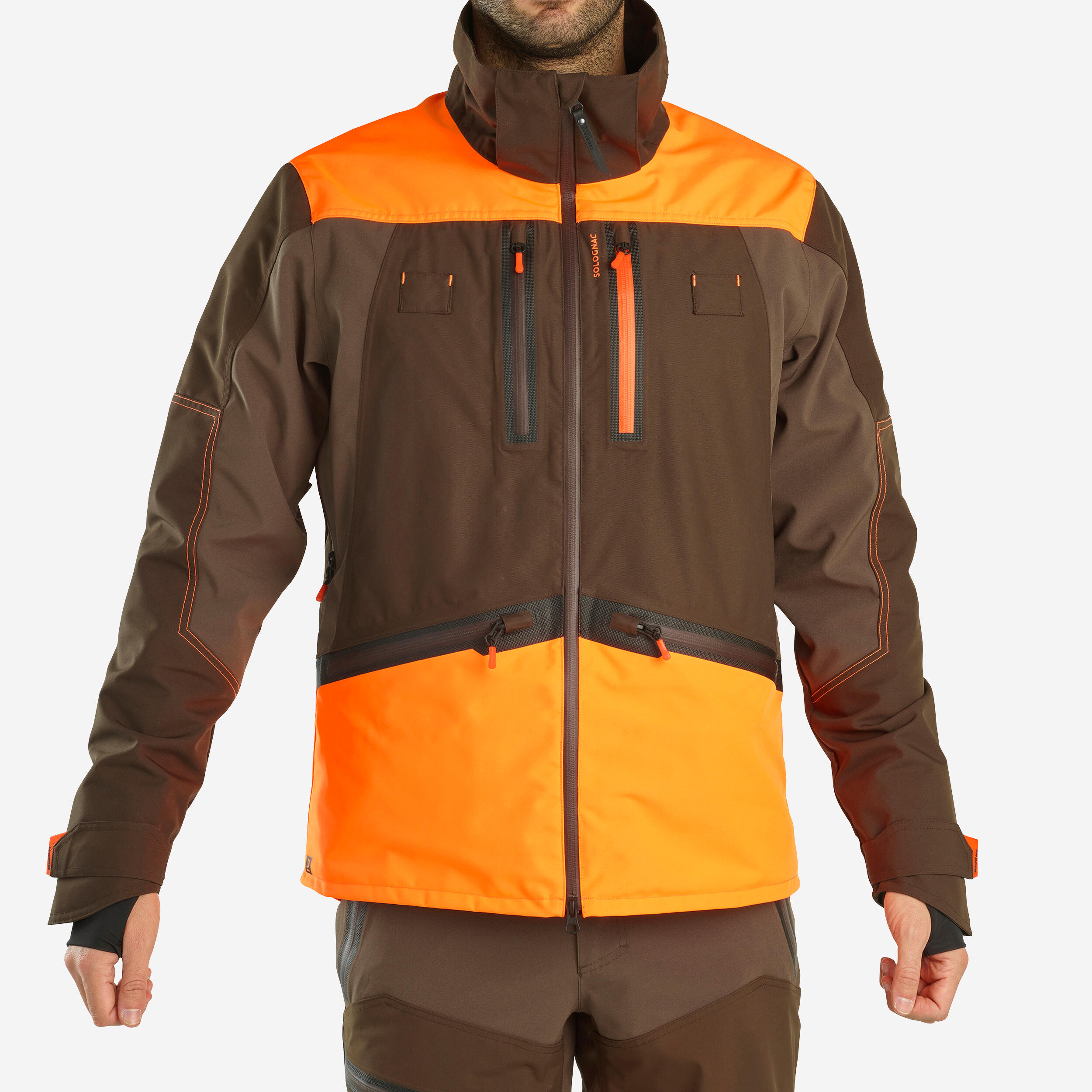 Fluorescent-reinforced waterproof hunting jacket brown 900 becasse