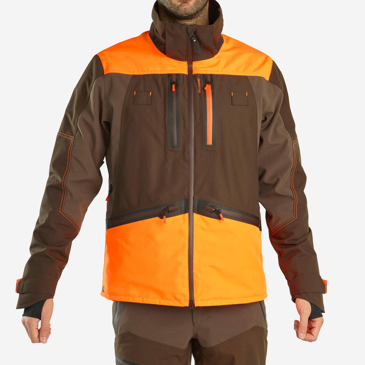 Veste chasse impermeable renfort fluo marron 900 becasse