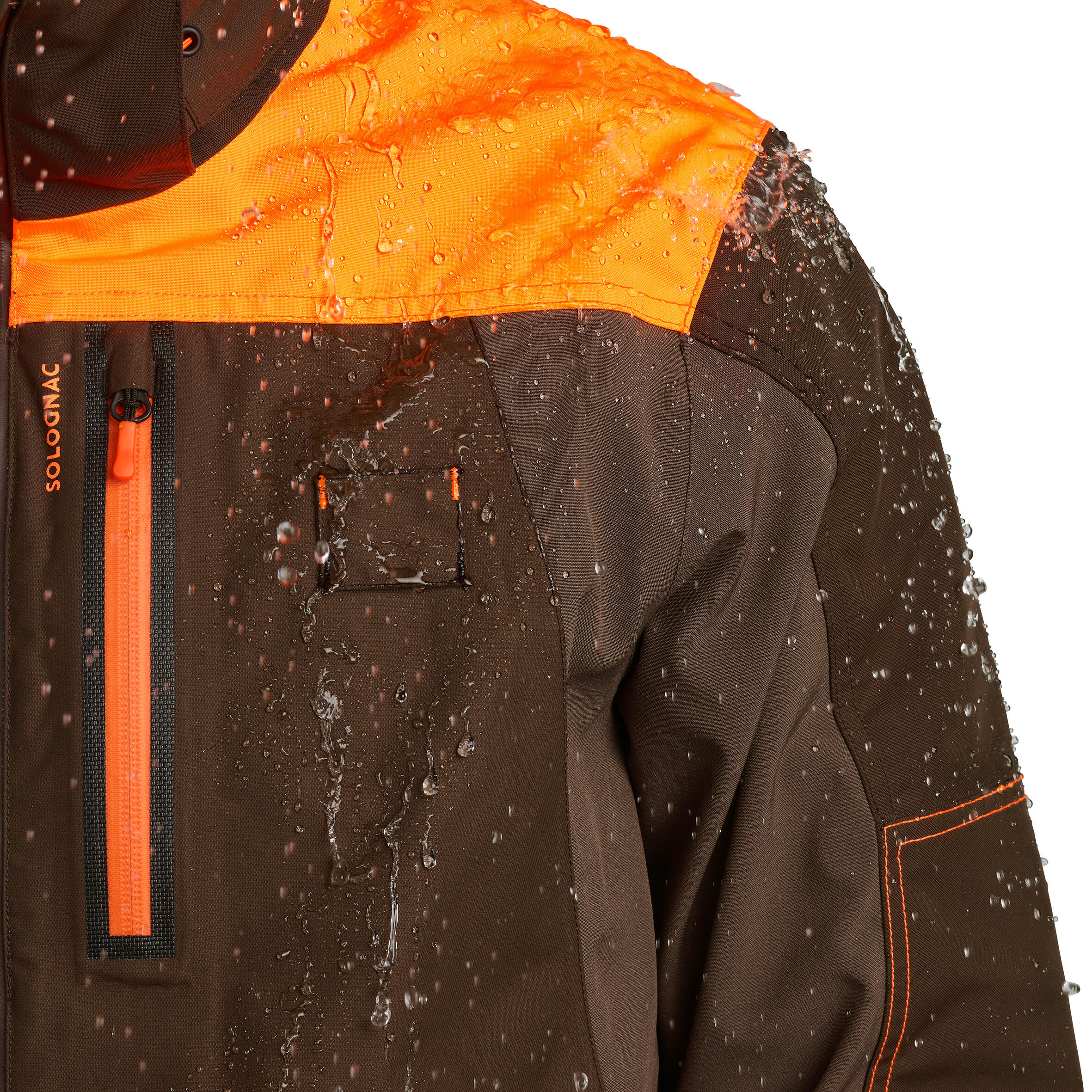 Veste chasse impermeable renfort fluo marron 900 becasse 22/29