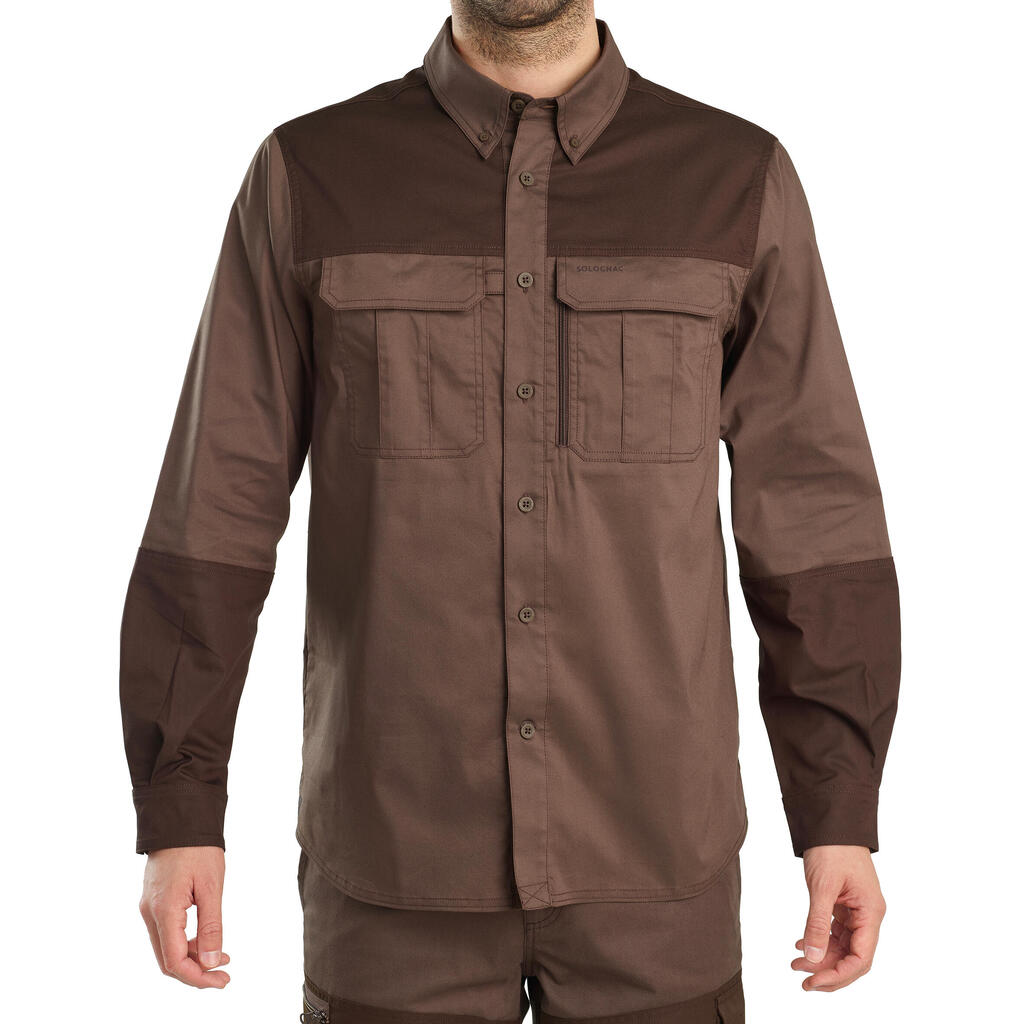 Men's Country Sport Long-Sleeved Comfortable Resistant Cotton Shirt - 500 Brown