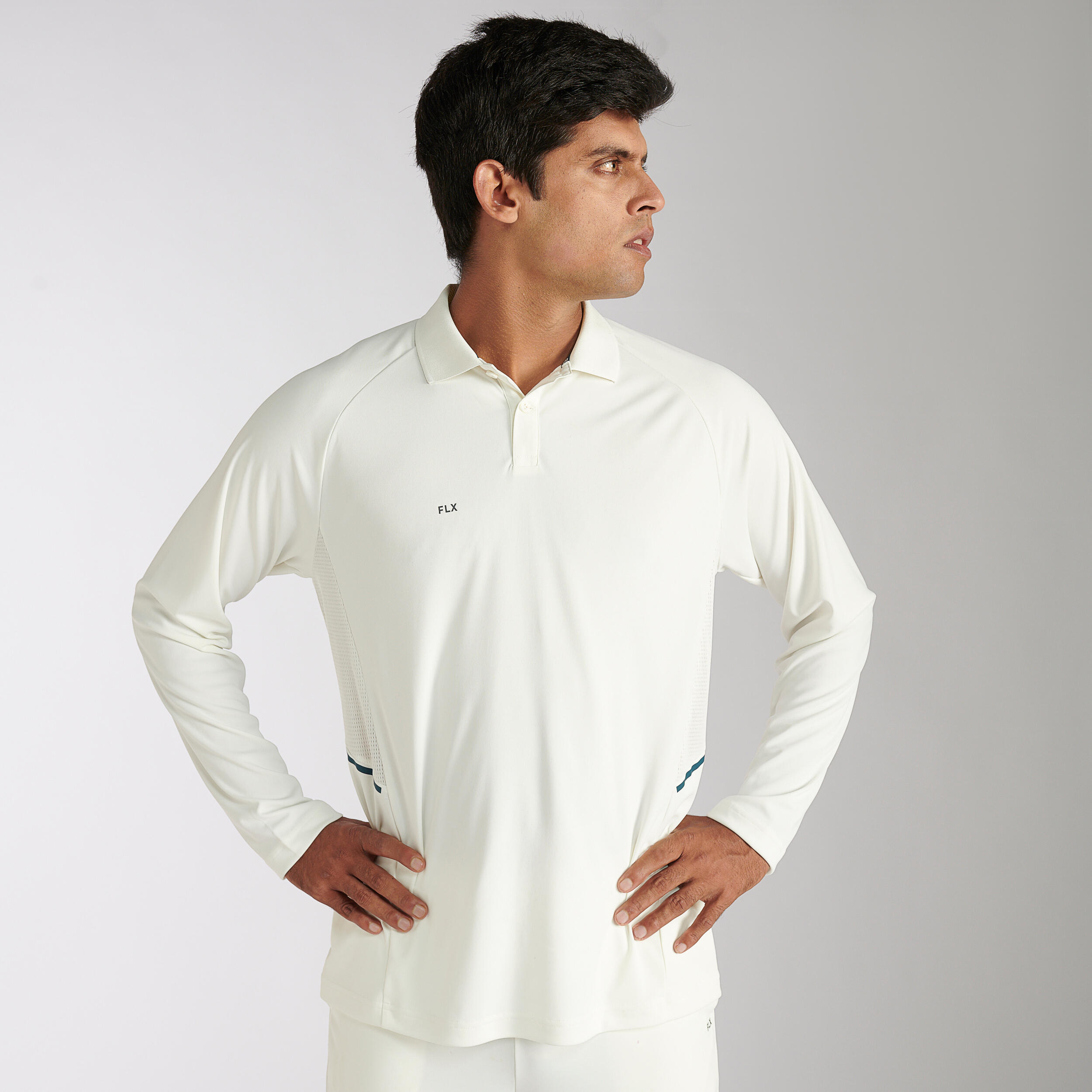 Men's Cricket Full Sleeve Polo FSP 500 White Breathable & Stretchable