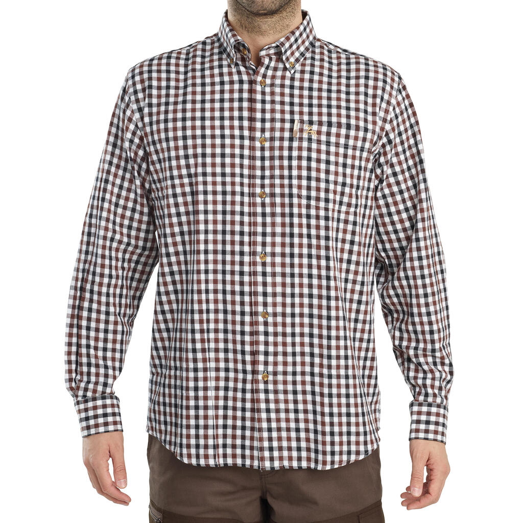 Long-Sleeved Checked Cotton Country Sport Shirt Brown Black Verney Carron