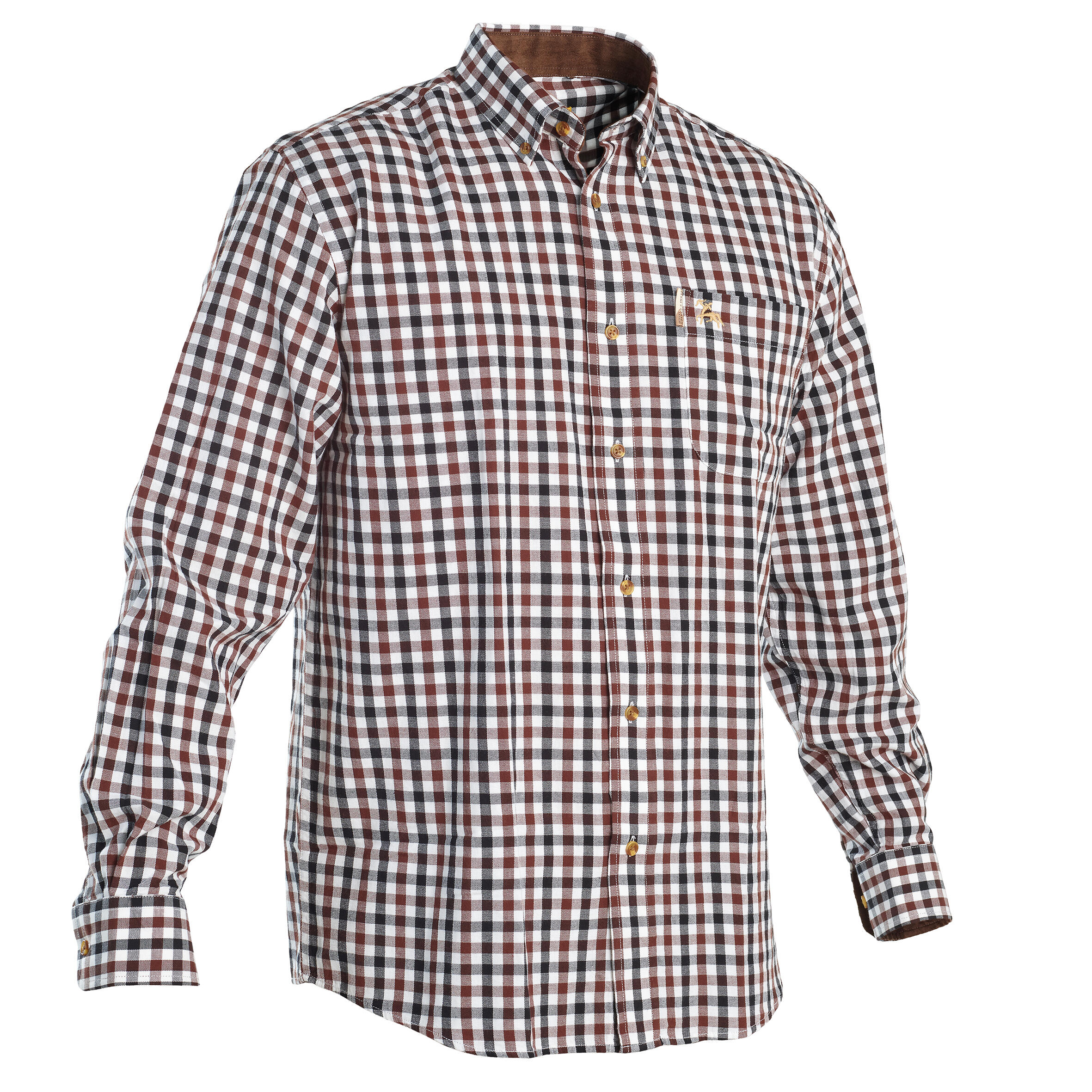 Long-Sleeved Checked Cotton Country Sport Shirt Brown Black Verney Carron 1/7