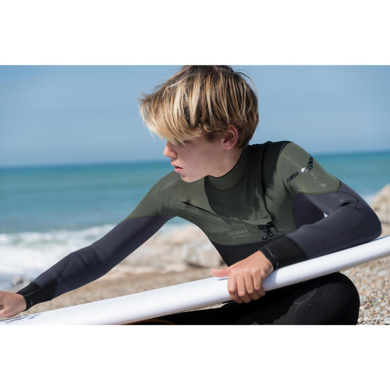 Neoprenanzug Surfen Kinder 3/2 mm Frontverschluss 900 schwarz/khaki