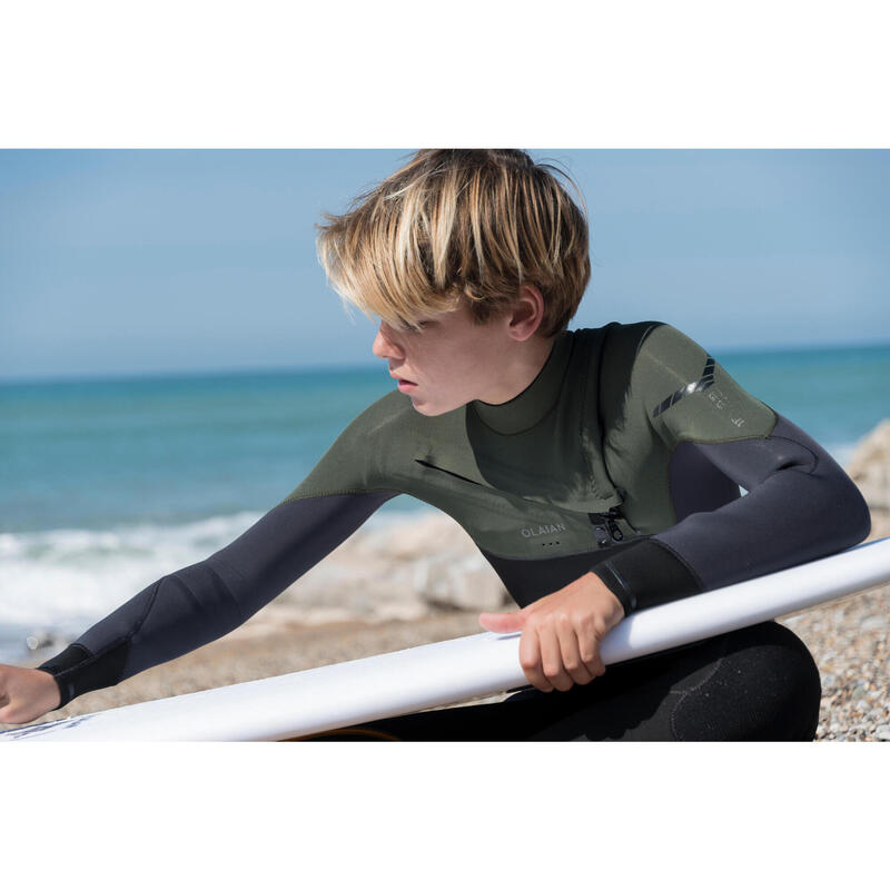 Wetsuit voor surfen kinderen 900 3/2 front zip zwart kaki