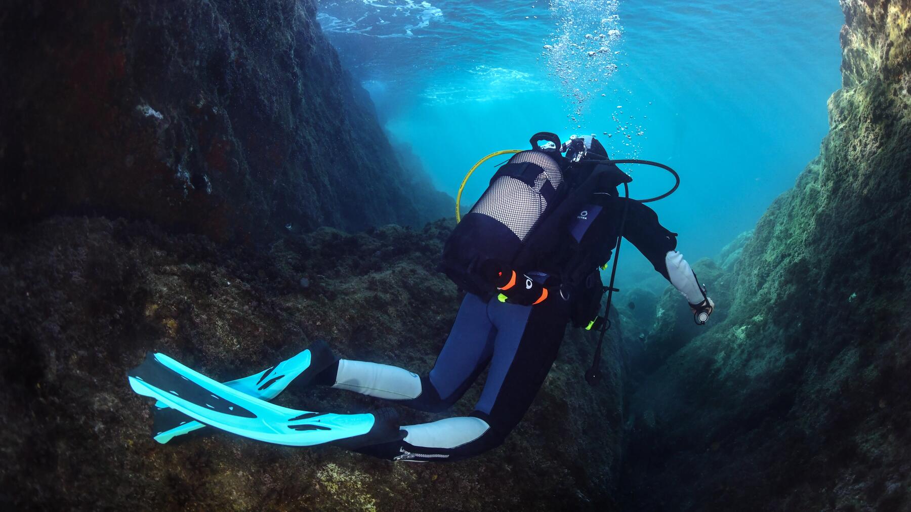 Tauchanfänger in voller Ausrüstung beobachtet ein Korallenriff unter Wasser