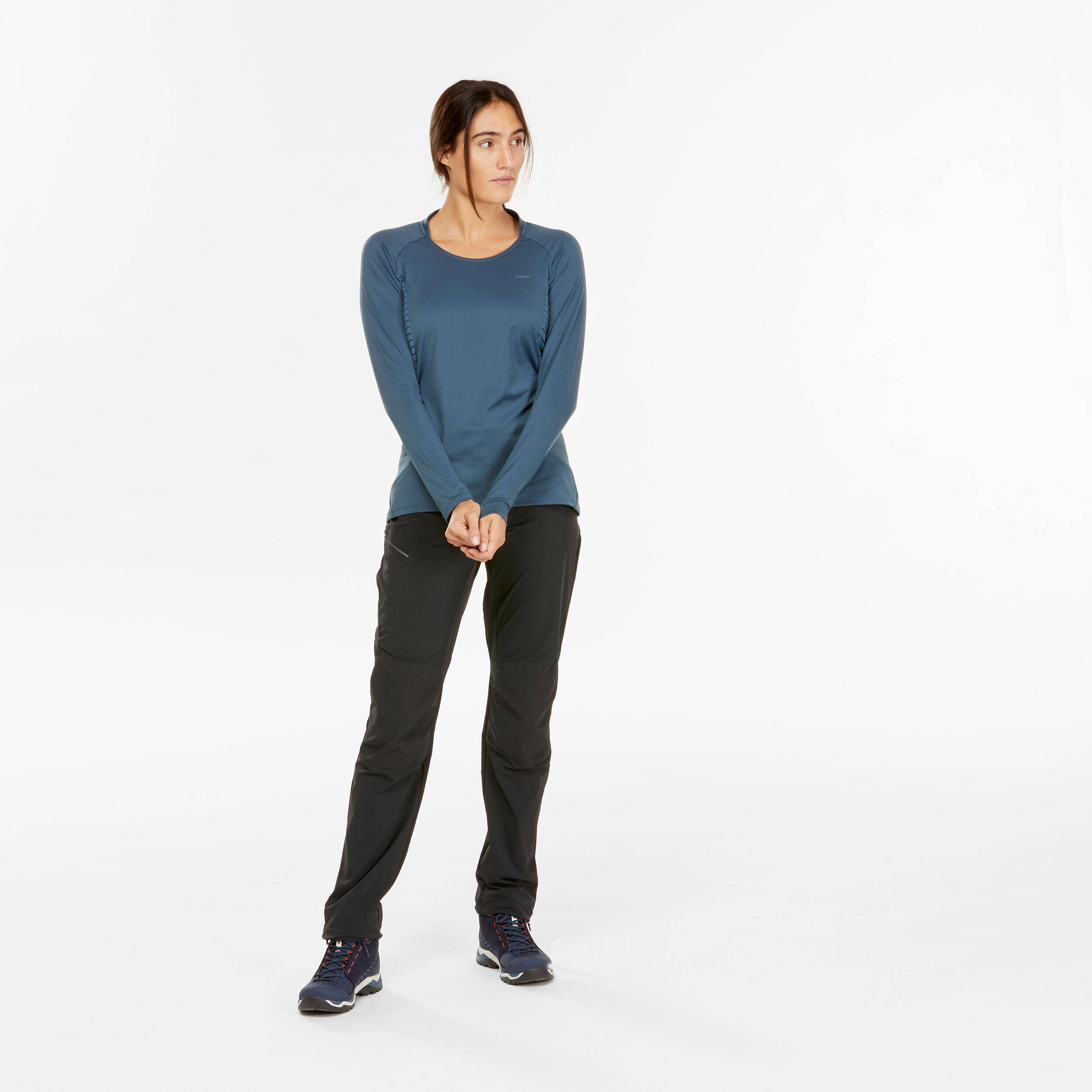 Women Mountain Hiking Long-Sleeved T-Shirt MH550 Blue/Grey -  2