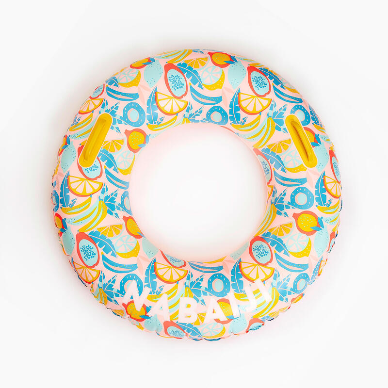 92 cm大型印花充氣式泳圈（附握把）黃藍配色