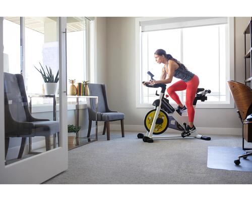 Woman on exercise bike at home