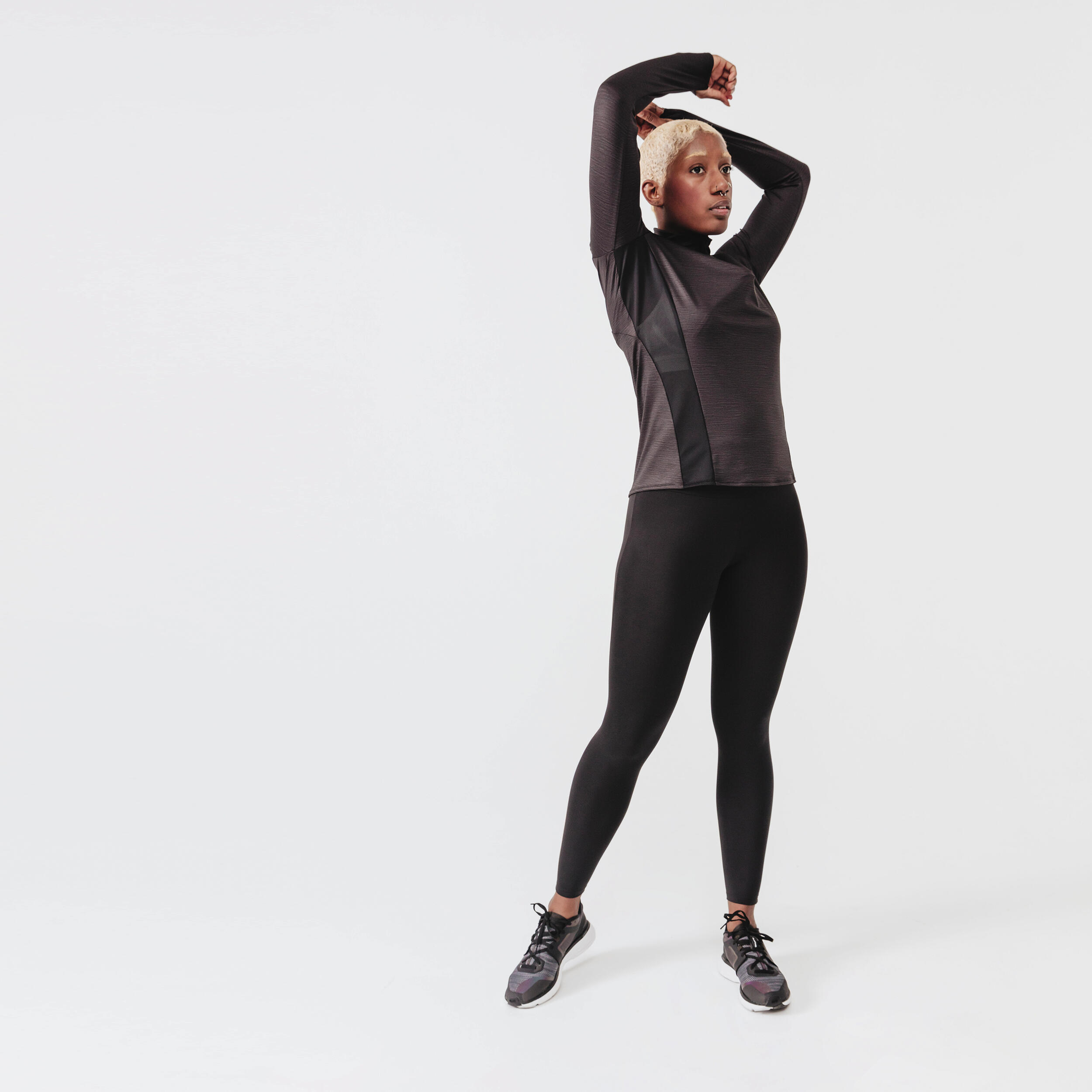 Women s Running Zip Long Sleeved T Shirt Dry black Decathlon