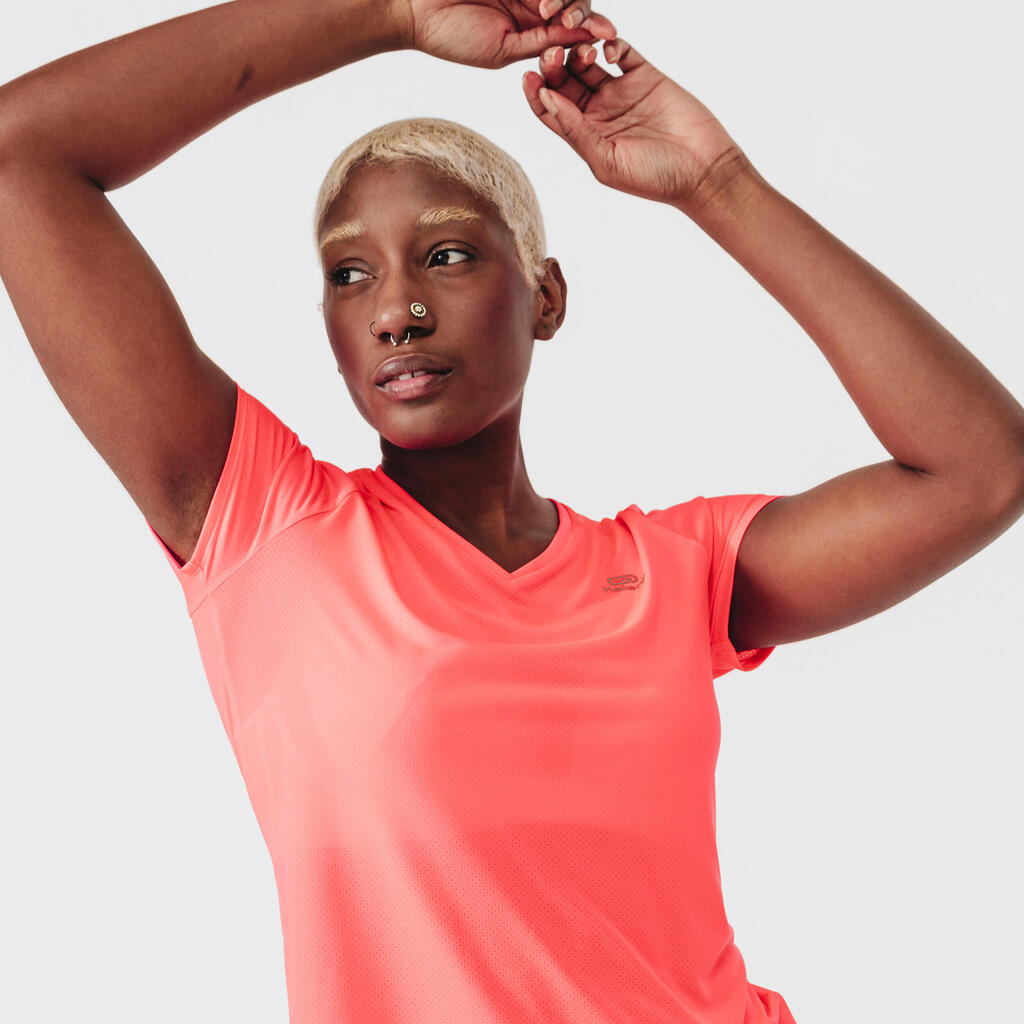 Moteriški orui laidūs bėgimo marškinėliai trumpomis rankovėmis „Run Dry“, rožiniai, koralų spalvos