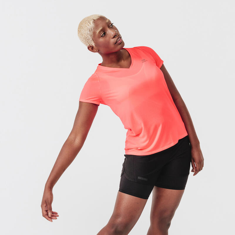 T-shirt manches courtes running respirant femme - Dry corail fluo
