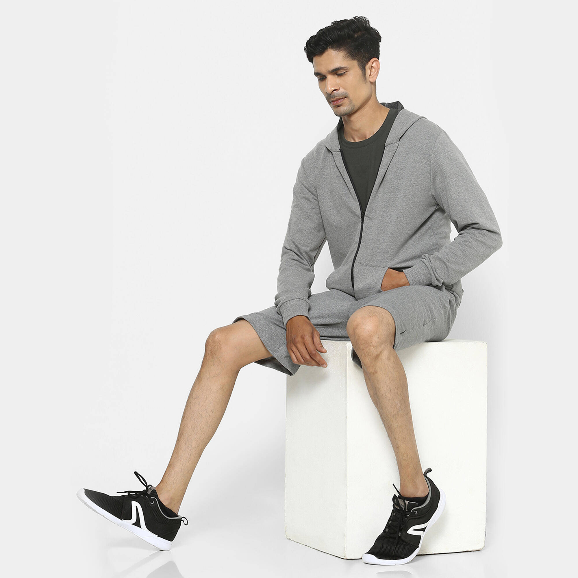 Men Sweatshirt With Hood and Zip 100 For Gym-Navy/Grey -  2
