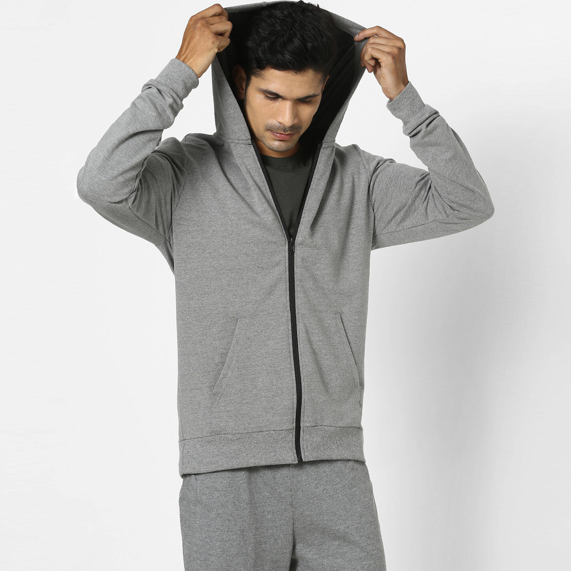 Men Sweatshirt With Hood and Zip 100 For Gym-Navy/Grey -  1