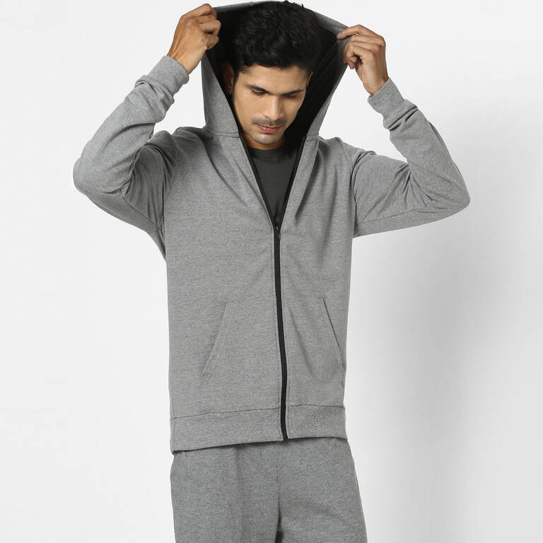 Men Sweatshirt With Hood and Zip 100 For Gym-Navy/Grey