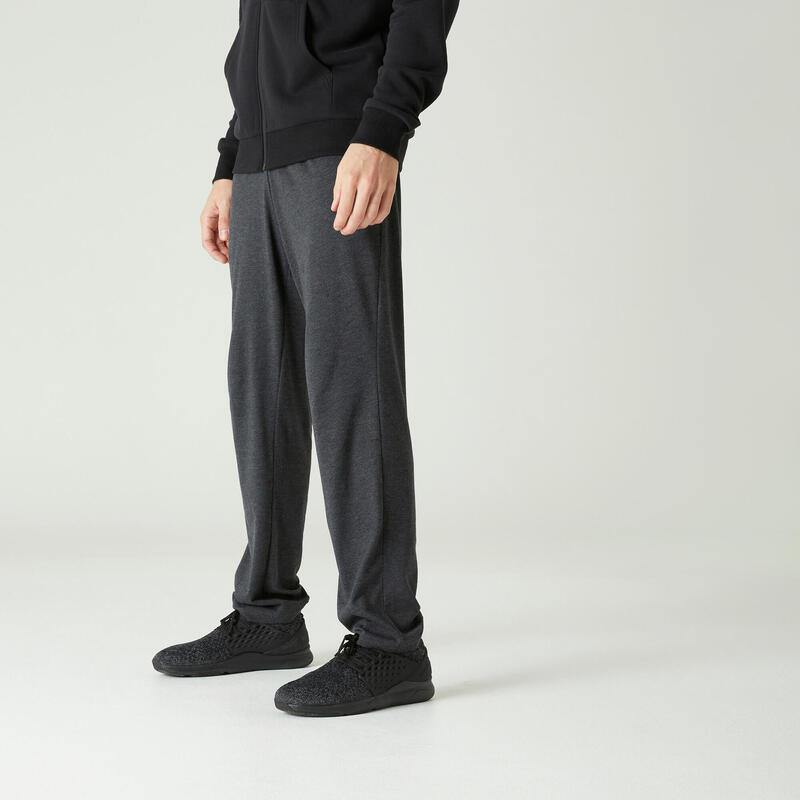 Pantaloni uomo fitness 100 misto cotone fondo dritto grigi scuri