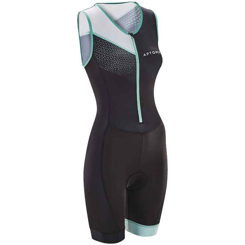 Triathlon-Anzug SD Frontreissverschluss ärmellos Damen schwarz/grün
