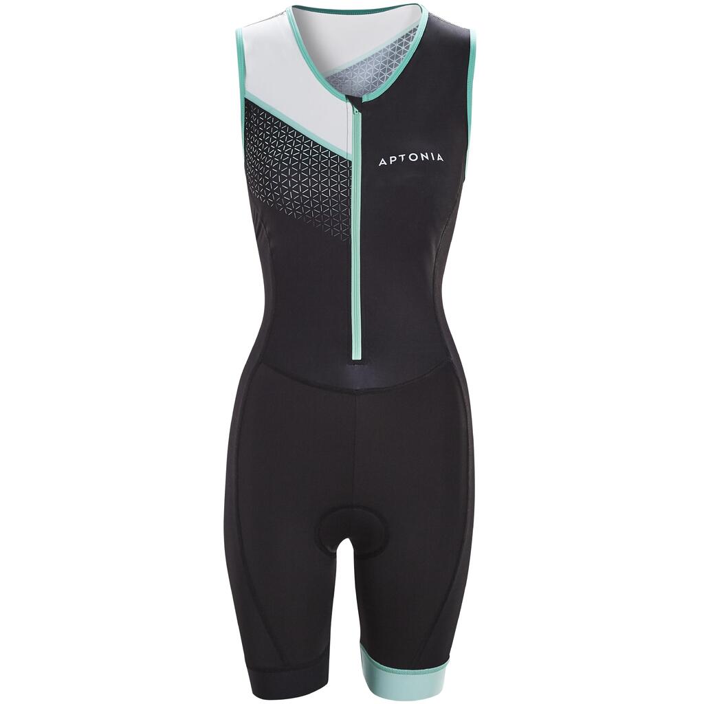Triathlon-Anzug SD Frontreissverschluss ärmellos Damen schwarz/grün