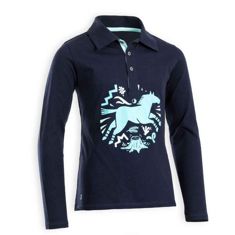 Reit-Poloshirt 100 langarm Kinder dunkelblau/türkis Reit-Poloshirt 100 langarm Kinder dunkelblau/türkis