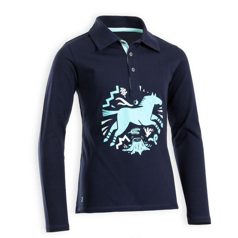 Poloshirt met lange mouwen voor paardrijden meisjes 100 donkerblauw en turquoise