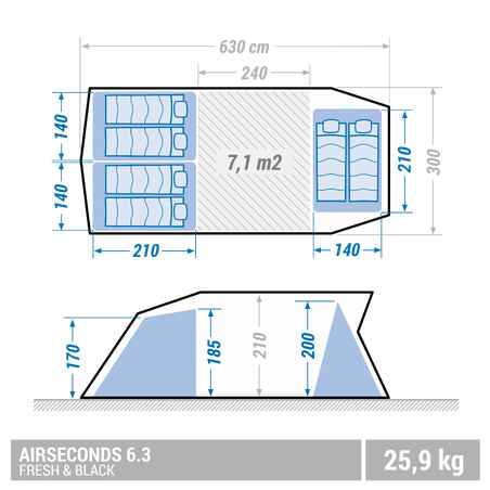 אוהל קמפינג מתנפח  ל-6 אנשים - Air Seconds 6.3 F&B - שלושה חללי שינה