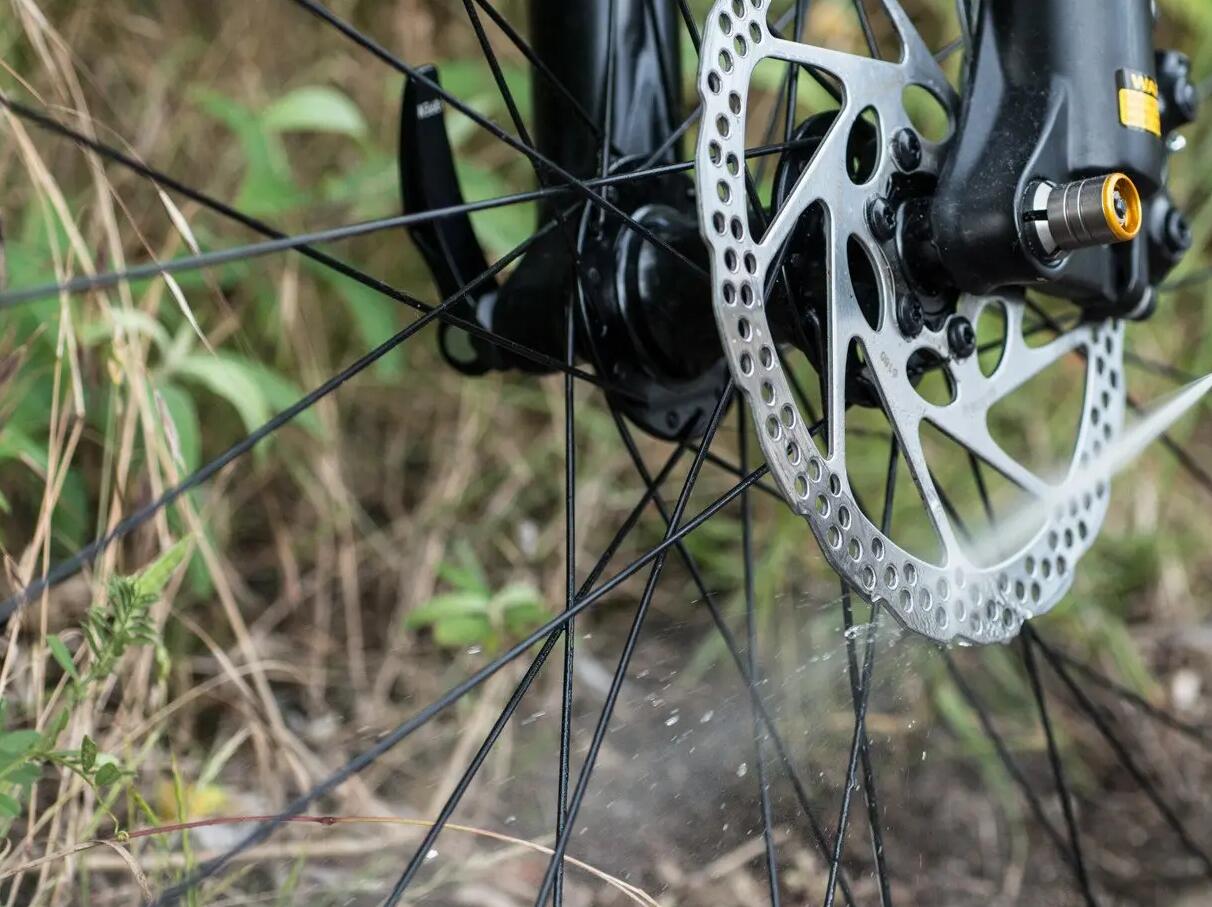 close-up of bike disc brakes 