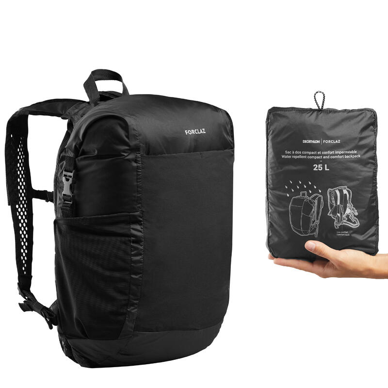 Compacte en waterdichte rugzak voor backpacken Travel 25 liter zwart