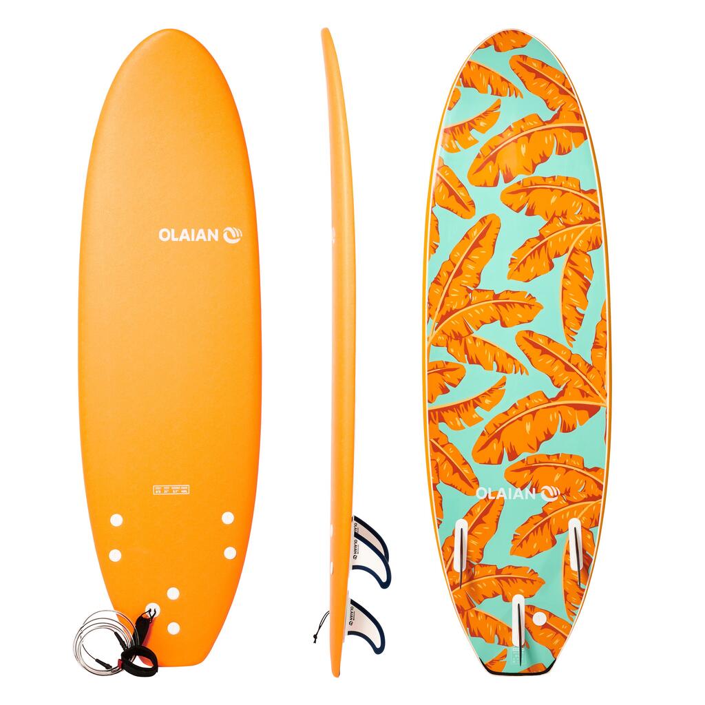 Tabla de surf en espuma de 1,83m con leash + 3 quillas Olaian 500 amarillo