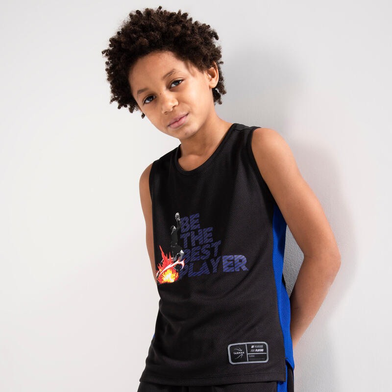 T-SHIRT SEM MANGAS DE BASQUETEBOL CRIANÇA T500 BE THE BEST PLAYER PRETO/AZUL