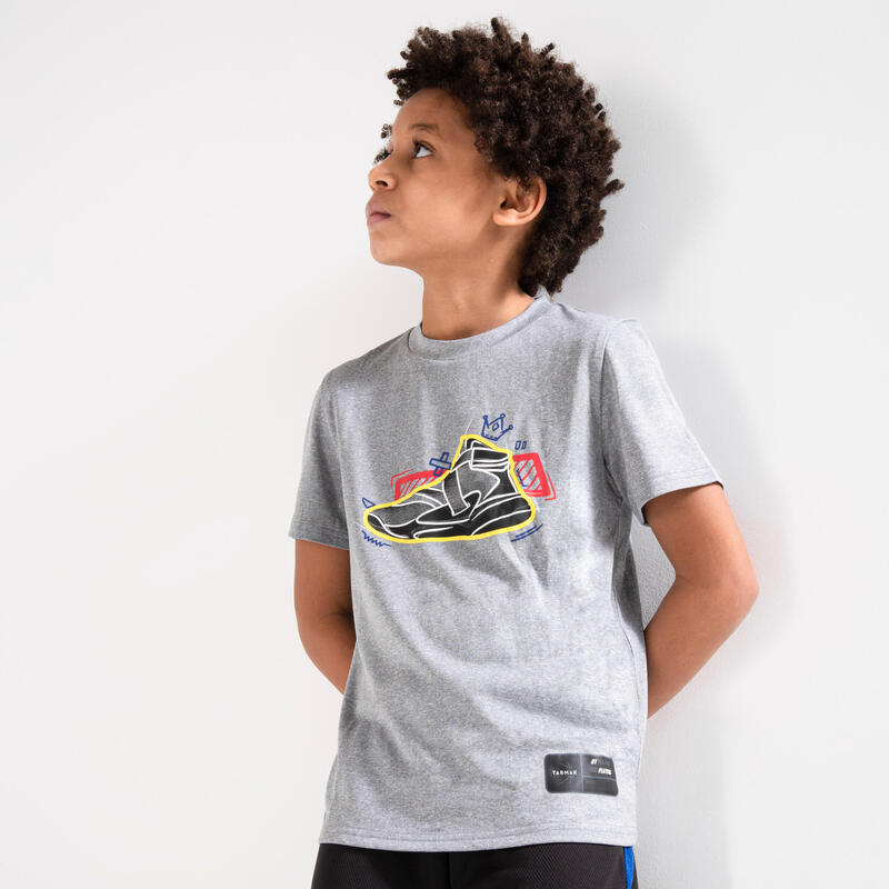 T-SHIRT DE BASKETBALL POUR GARCON/FILLE TS500 FAST GRIS SHOES