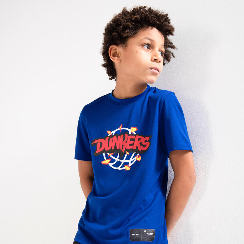 兒童款籃球T恤TS500－藍色Dunkers字樣