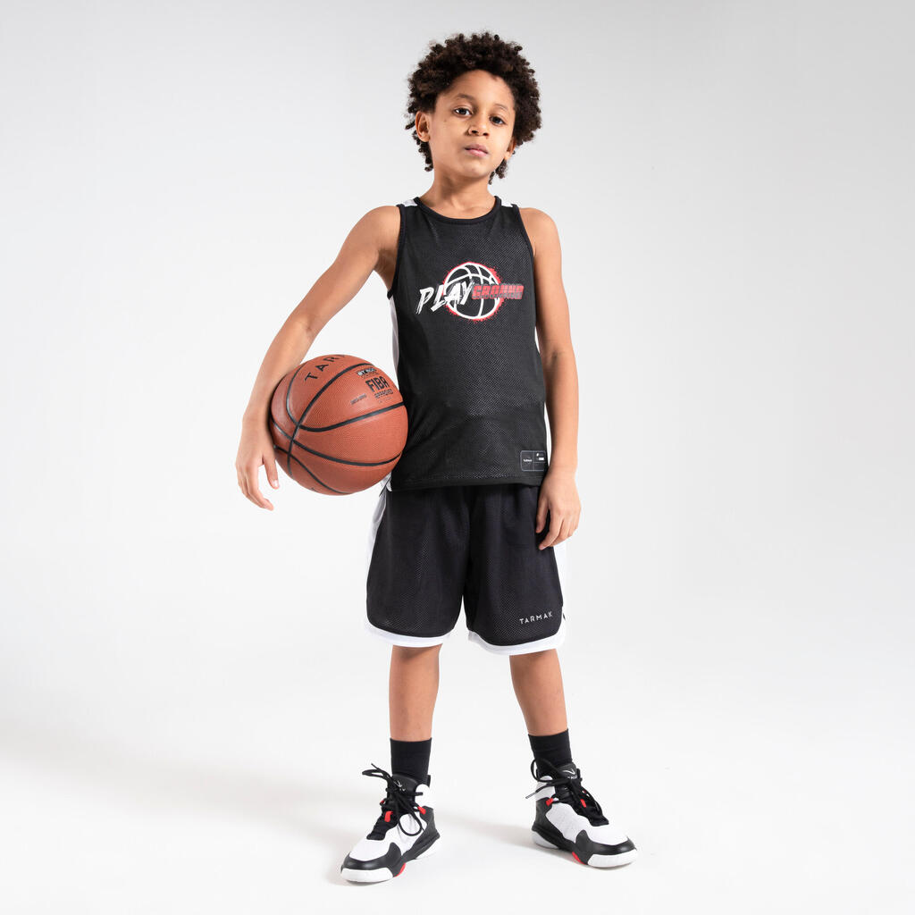 Kids' Reversible Sleeveless Basketball Jersey T500R - Black/White Playground