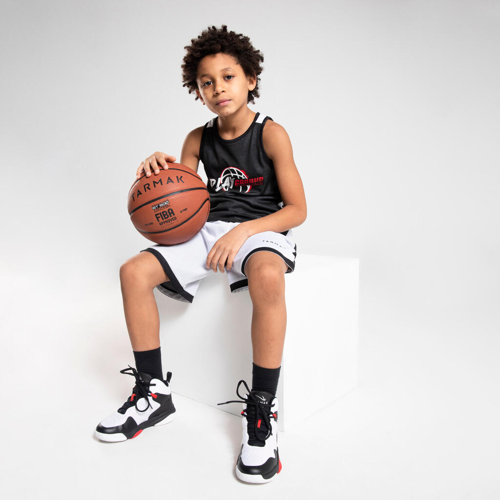 Kids' Reversible Sleeveless Basketball Jersey T500R - Black/White Playground