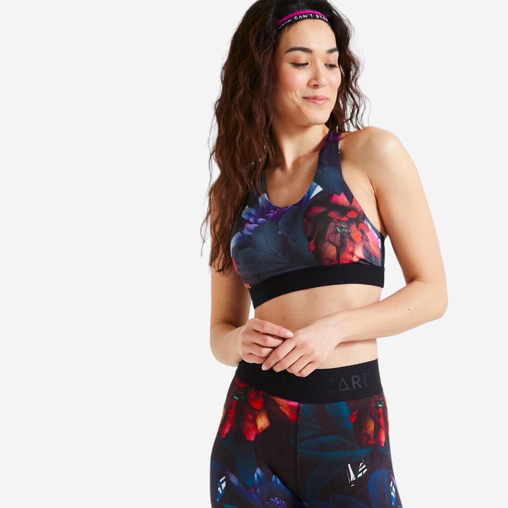 Women's Medium Support Racer Back Sports Bra with Cups - Multicolour Print