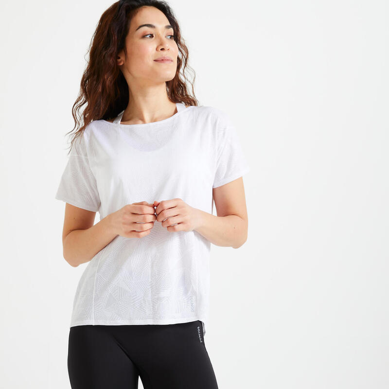 Camiseta Mujer Manga Corta Fitness cardio-training 500 Blanco