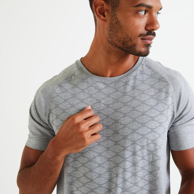 T-shirt voor fitness heren naadloze collectie ronde hals gemêleerd grijs