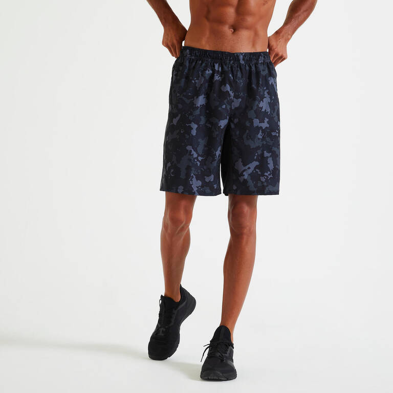 Men Gym Shorts Polyester With Zip Pockets Black Grey Print