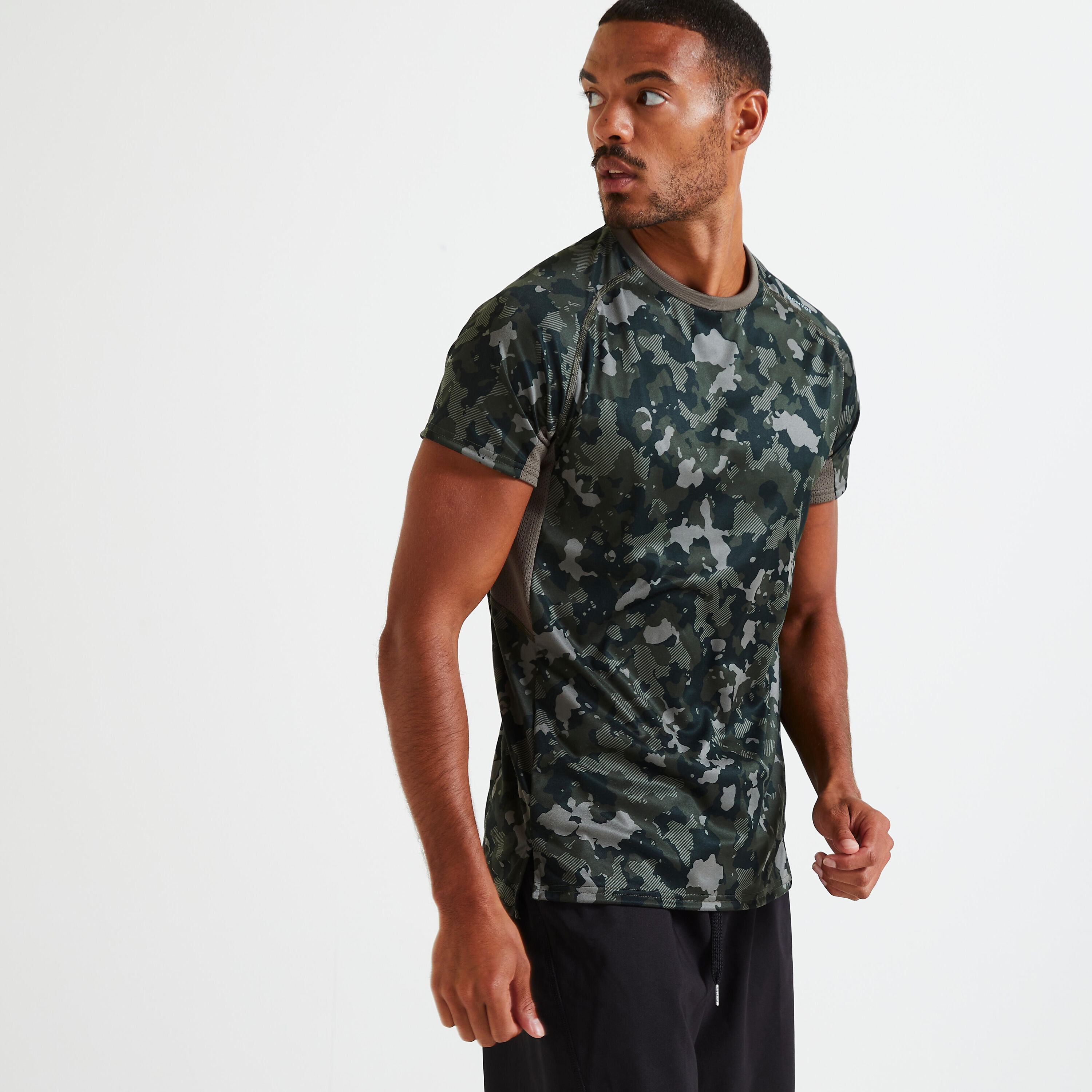 DOMYOS Technical Fitness T-Shirt - Grey Print/Camouflage/Khaki