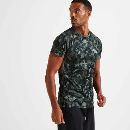 T-shirt i funktionsmaterial fitness kamouflagemönstrad grå/kaki