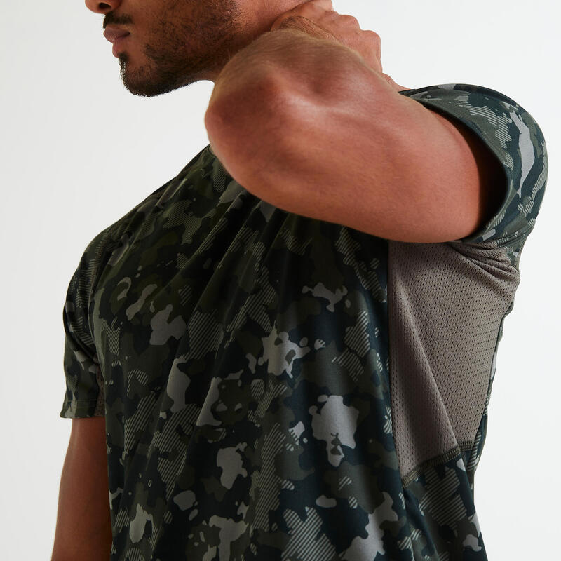 T-shirt Técnica de Cardio-Training Cinzento Estampado Camuflado Caqui
