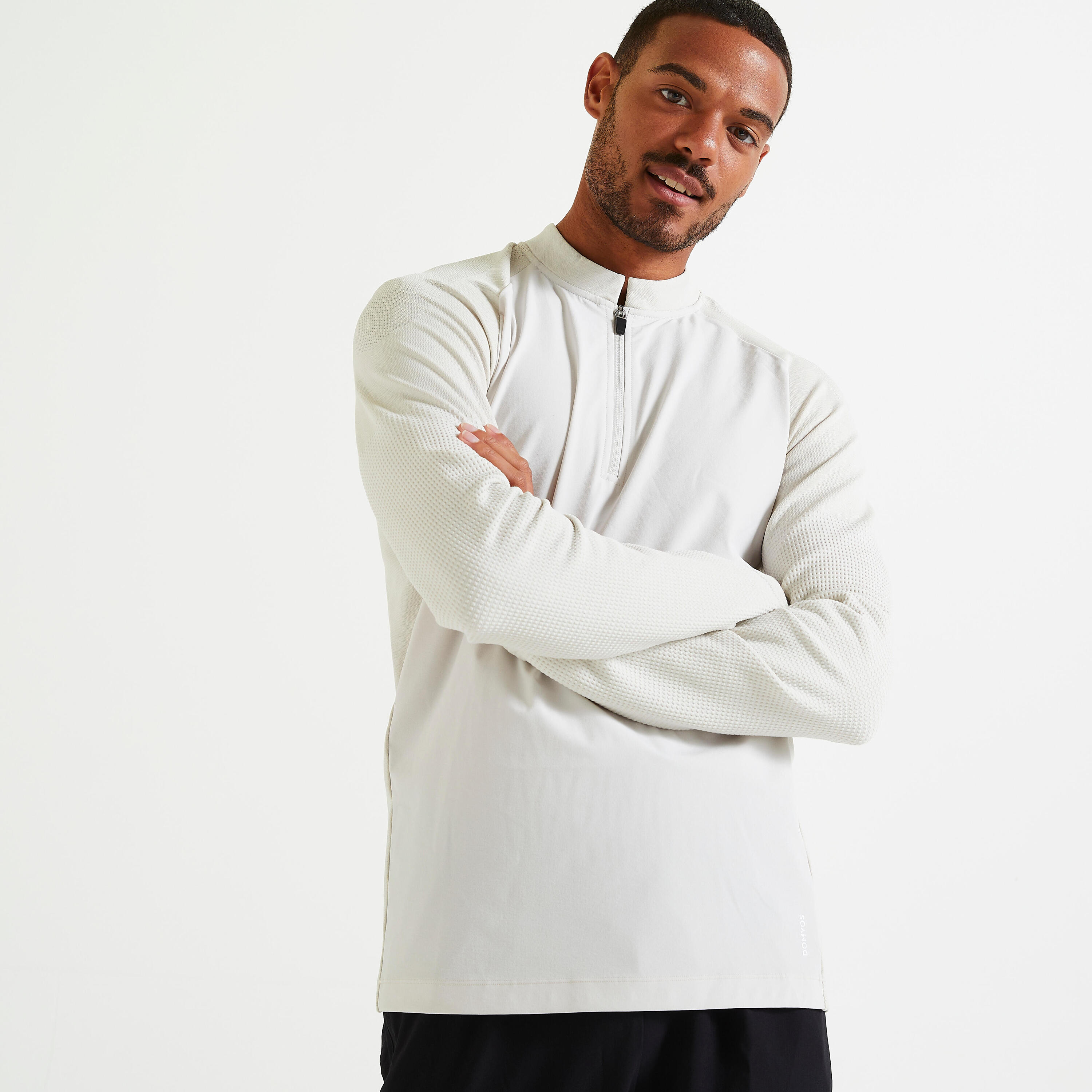 DOMYOS T-shirt uomo fitness 900 mezza zip beige
