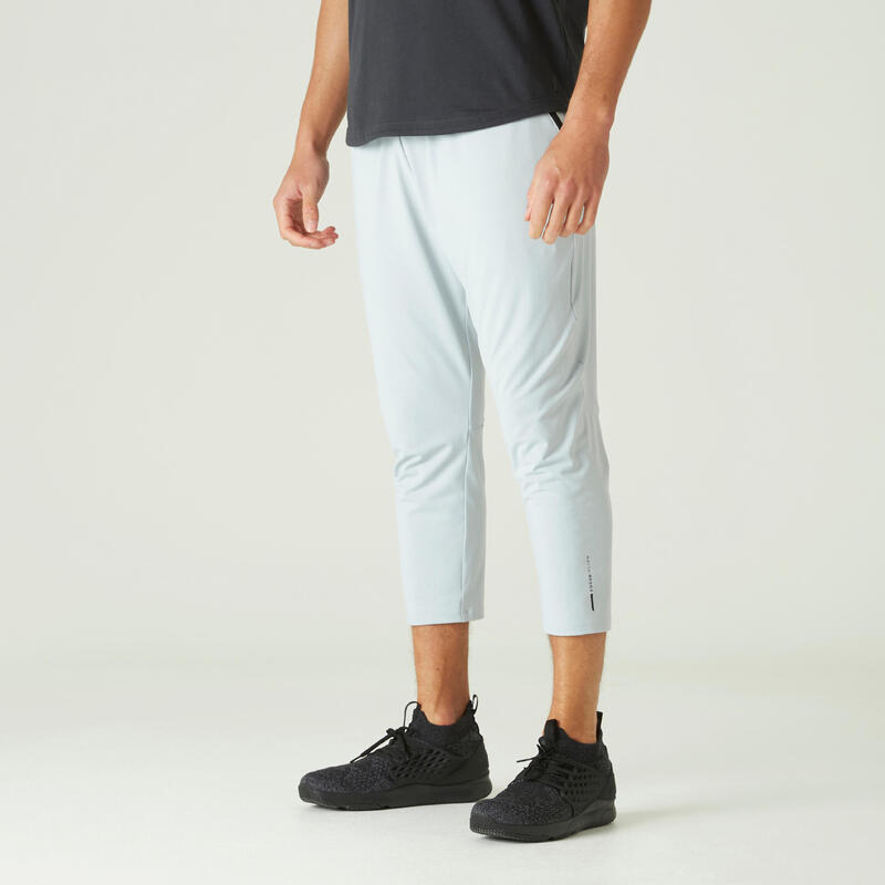 Pantalon jogging fitness homme synthétique ajusté 7/8 - 900 gris perle