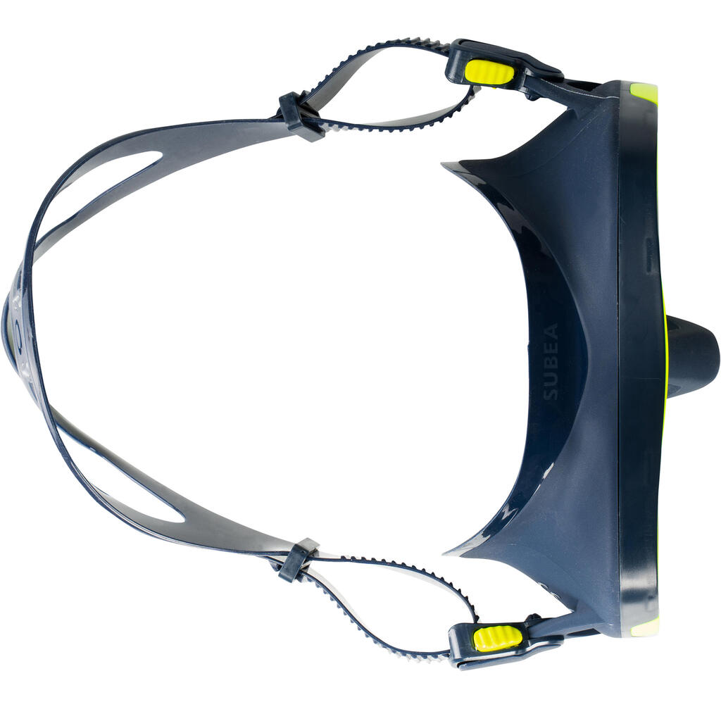 Jednozorníková potápačská maska SCD 500 V2 s modrou lícnicou a žltým rámom