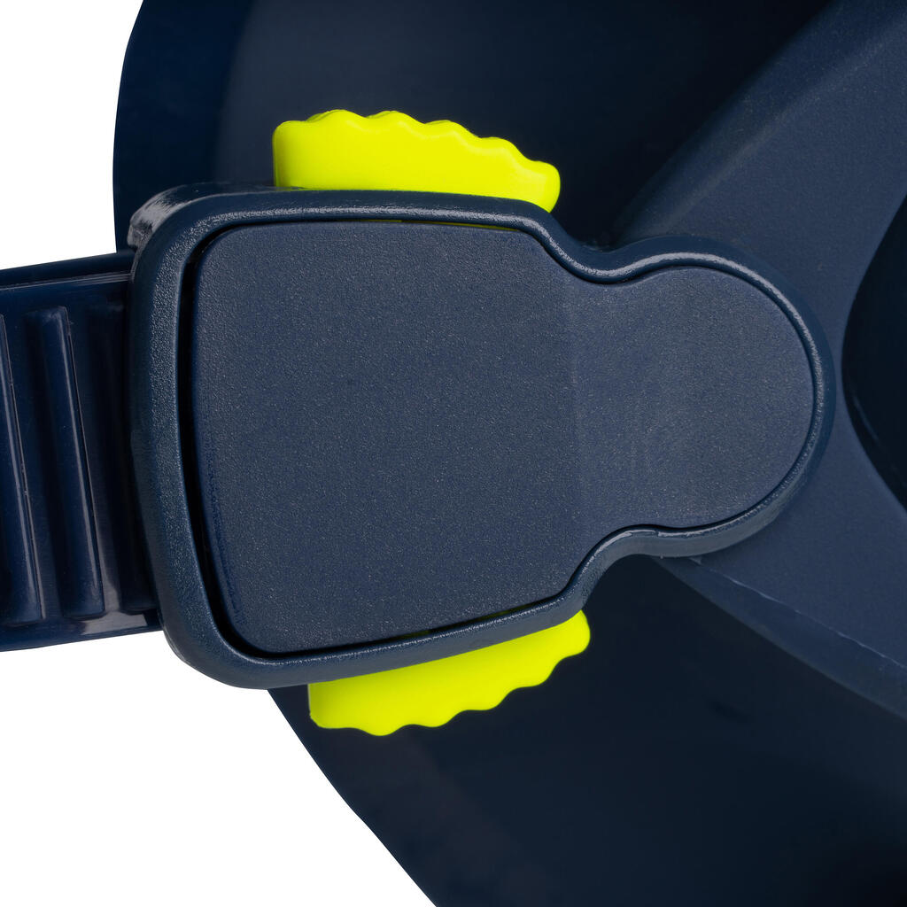 Jednozorníková potápačská maska SCD 500 V2 s modrou lícnicou a žltým rámom