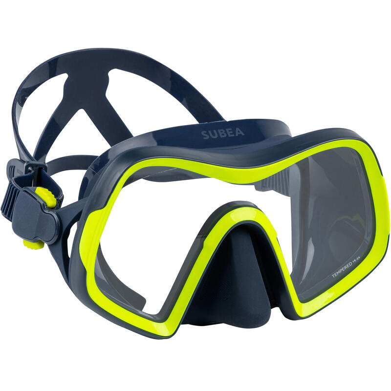 Masque de plongée sous marine SCD 500 V2 mono-hublot jupe bleue cerclage jaune