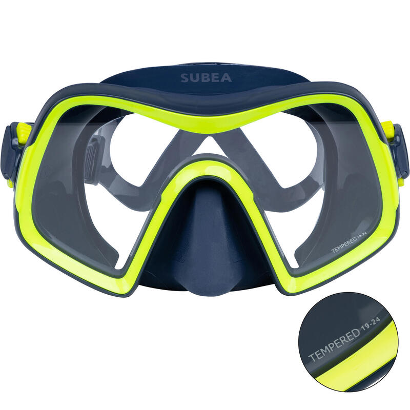 Masque de plongée sous marine SCD 500 V2 mono-hublot jupe bleue cerclage jaune